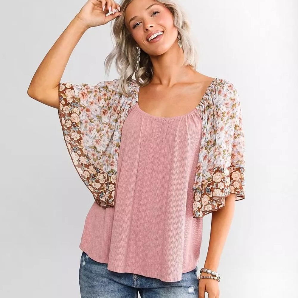 Daytrip Dusty Pink Scoop Neck Blouse with Floral Flutter Sleeves